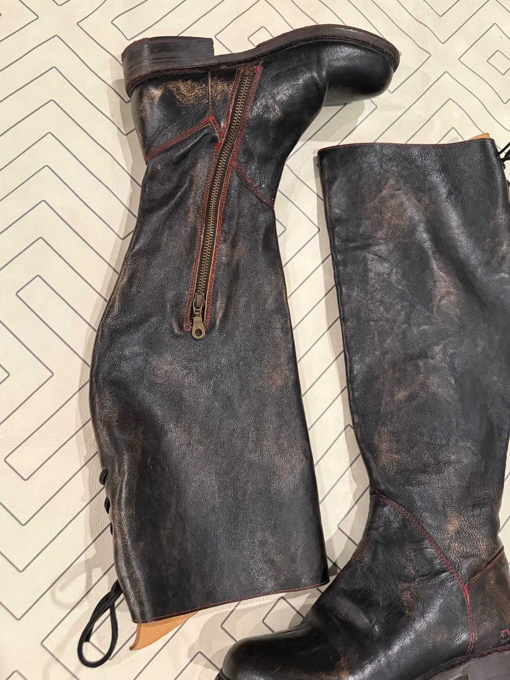 Bed | Stu Distressed Black Leather Riding Boots with Tie Calf - Picture 2 of 14